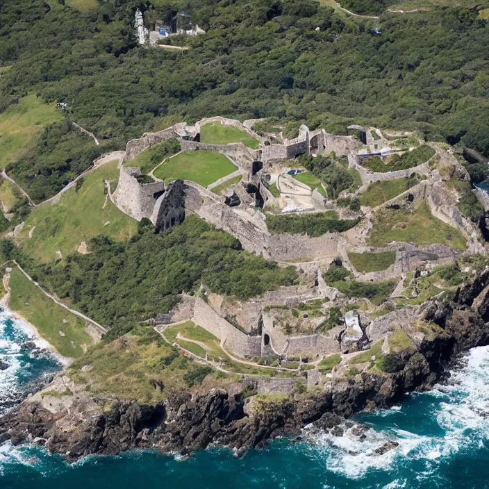 Image similar to aerial view of a fortress from above on a hill by the ocean shaped exactly like the punisher symbol detailed
