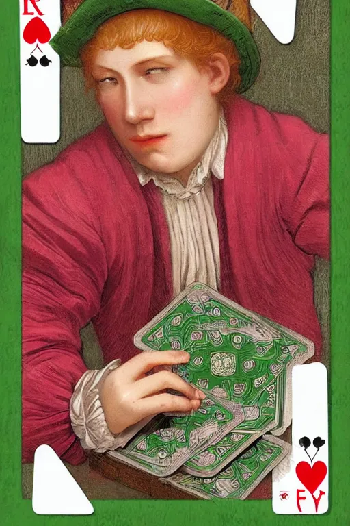 Prompt: intricate beautiful medium - shot, the card player man, blonde reddish hair, in green and pink clothes of 1 7 th century, holds playing cards, in card's player by sezanne, matte painting, renaissance painting, by paul sezanne by leyendecker, by artgerm, rutkowskyi