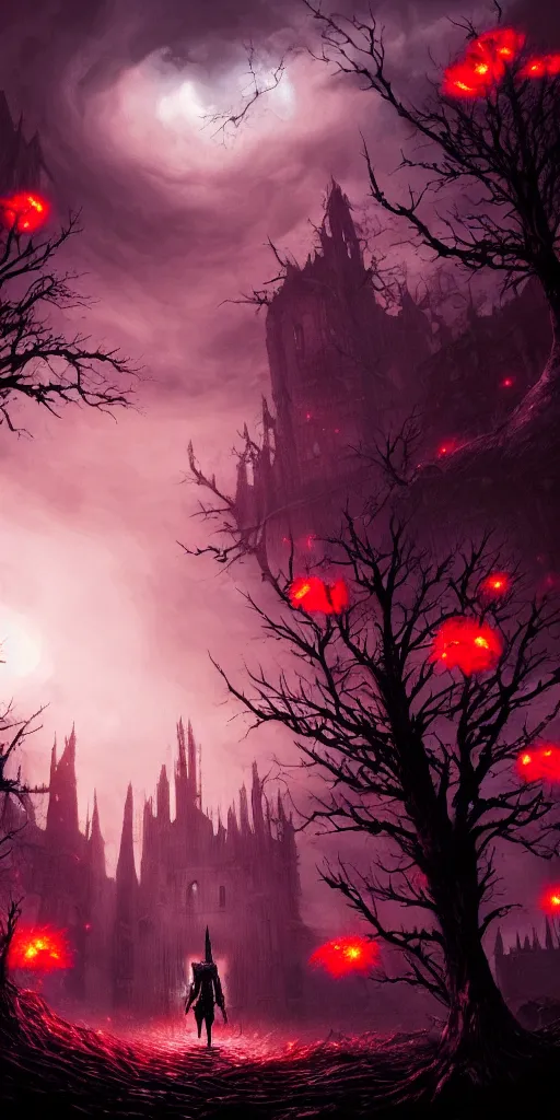 Image similar to populated bloodborne old valley with a obscure person at the centre and a ruined gothic city in the background, trees and stars in the background, falling red petals, epic red - orange moonlight, perfect lightning, wallpaper illustration by niko delort and kentaro miura, 4 k, ultra realistic