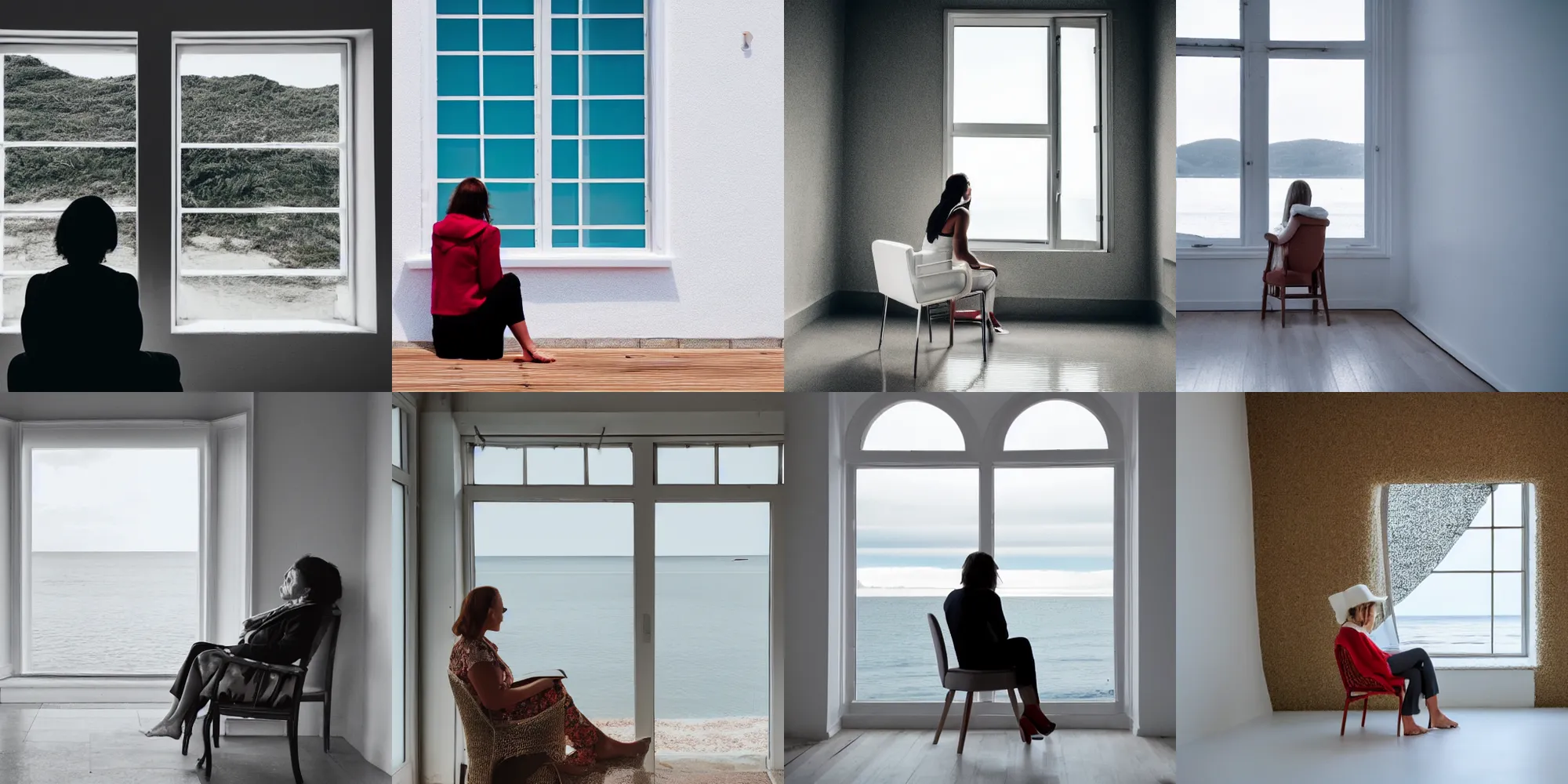 Prompt: a woman sitting on chair in a white room in vanice, there is a window to the sea