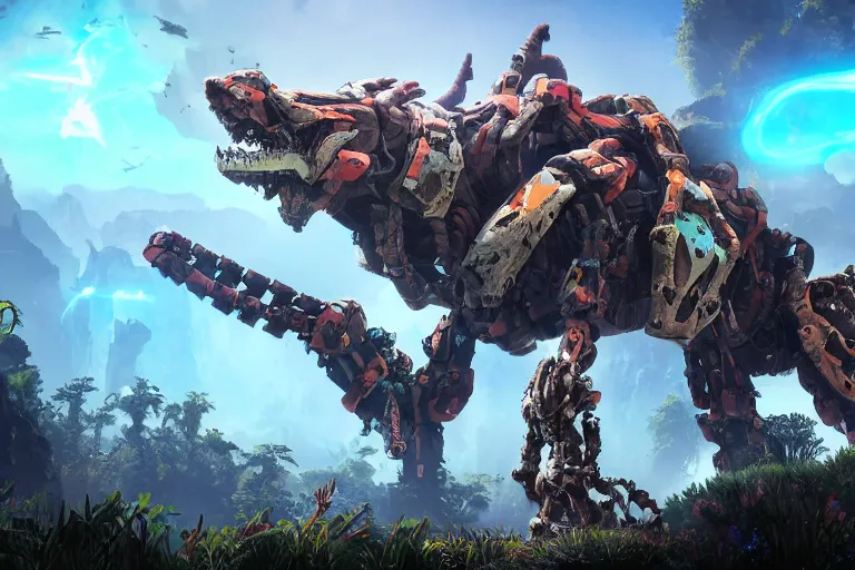 Image similar to clamberjaw machine mecha animal beast robot of horizon forbidden west horizon zero dawn bioluminiscence global illumination ray tracing hdr fanart arstation by sung choi and eric pfeiffer and gabriel garza and casper konefal