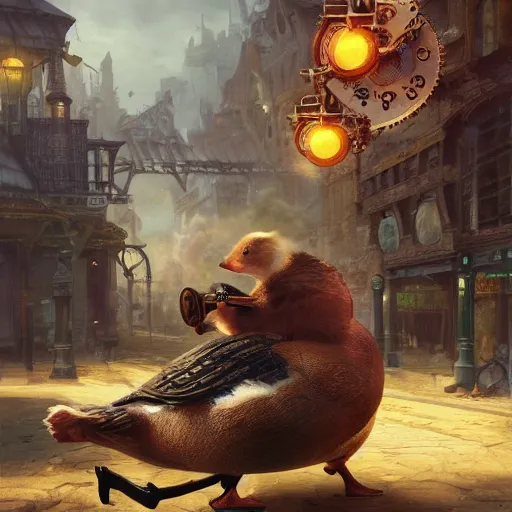 Prompt: oil painting of hamster riding giant duck, steampunk clothes, steampunk city background, sharp focus, fantasy style, octane render, volumetric lighting, 8k high definition, by greg rutkowski, highly detailed, trending on art Station, explosions, centered