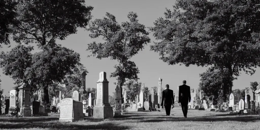 Image similar to Photo of a lone man in a black suit walking in a cemetery