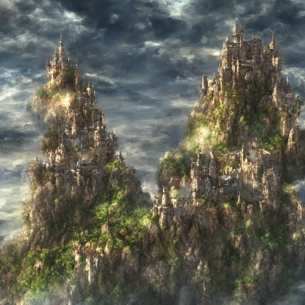 Image similar to epic image of a castle above the sky, anime, 3 d rendering