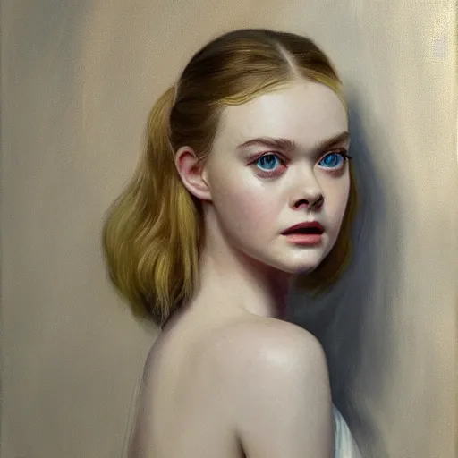 Image similar to ultra realistic medium shot portrait painting of elle fanning in prey, art by frank frazetta and edward hopper, 4 k, ultra realistic, highly detailed, epic lighting