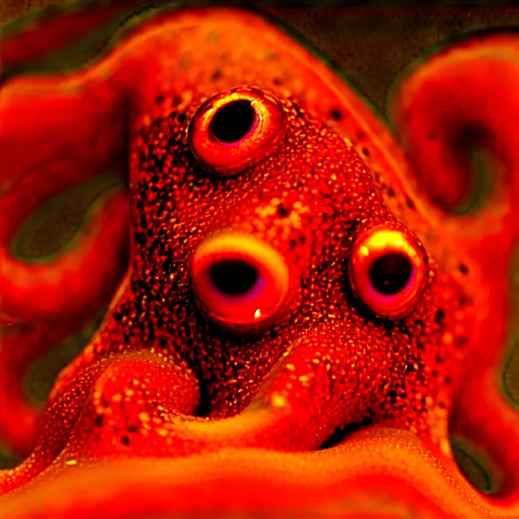 Image similar to fiery whimsical emotional eyes cephalopod, in a photorealistic macro photograph with shallow dof