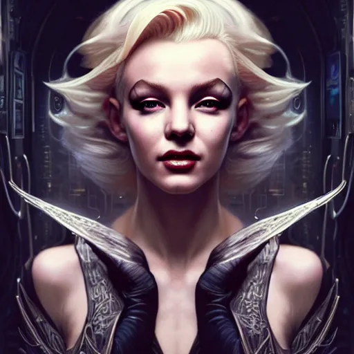 Image similar to portrait painting of a cyberpunk elven decker who looks like marilyn monroe, ultra realistic, concept art, intricate details, eerie, highly detailed, photorealistic, octane render, 8 k, unreal engine. art by artgerm and greg rutkowski and charlie bowater and magali villeneuve and alphonse mucha