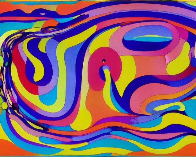 Prompt: Ocean waves in a psychedelic dream world. Wayne Thiebaud. Takashi Murakami. Paul Klee. Minimalist.