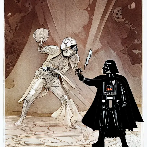 Prompt: a detailed picture of darth vader playing catch with his grandson, intricate, elegant, highly detailed, digital painting, artstation, concept art, matte, sharp focus, illustration, art by rebecca guay and by arthur rackham and by alphonse mucha and by john william waterhouse