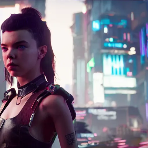 Image similar to Anya Taylor-Joy I'm cyberpunk 2077 unreal engine 5 4k volumetric lighting hyperdetailed photorealism HDR