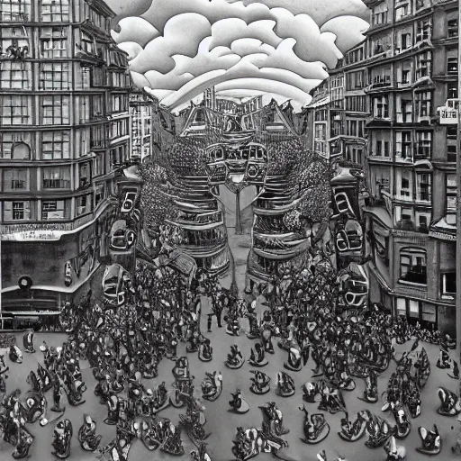 Prompt: a busy intersection in a city designed by MC Escher