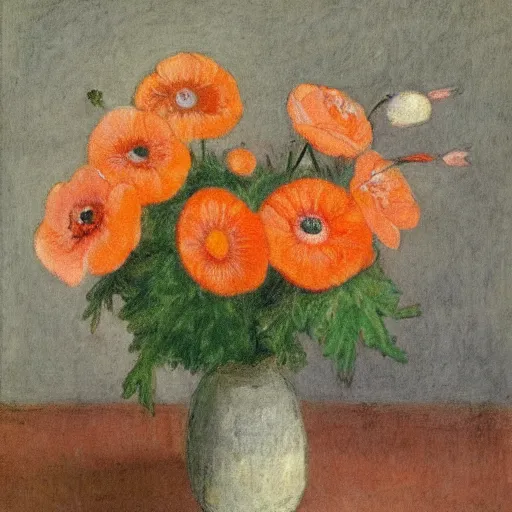 Image similar to light orange by gabriele munter, by william russell flint weary. a photograph of a group of anemones in a vase
