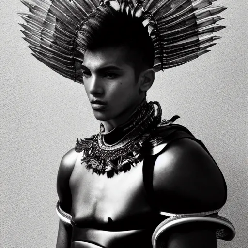 Image similar to a portrait of a beautiful young mexican male wearing an alexander mcqueen armor made of amethist , photographed by andrew thomas huang, artistic
