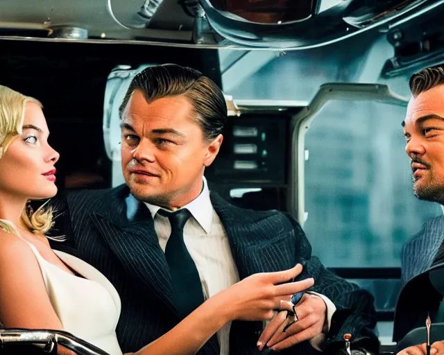 Image similar to leonardo dicaprio as the wolf of wall street next to margot robbie as naomi from the wolf of wall street in a helicopter, hyper realistic faces, beautiful eyes, cinematic, long shot, hyper detailed, 8 5 mm photograph, 8 k resolution, film still, sharp lens, wide lens