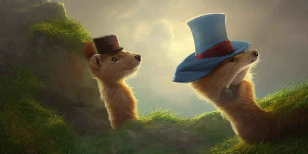 Prompt: beautiful digital illustration of a weasel with a top hat by andreas rocha, curvilinear architecture, fluffy pastel clouds, cinematic, architecture, concept art, deviantart, artsation, artstation hq, hd, 1 6 k resolution, smooth, sharp detail, amazing depth, octane, finalrender, unreal engine