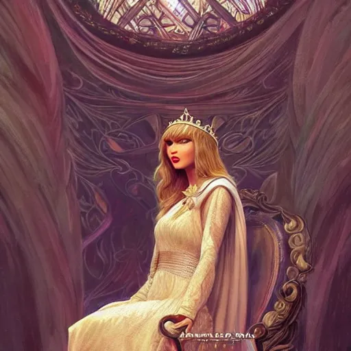 Image similar to Taylor Swift sitting on a majestic throne wearing a crown, D&D style, fantasy, intricate, elegant, highly detailed, digital painting, artstation, concept art, matte, sharp focus, illustration, art by Artgerm and Greg Rutkowski and Alphonse Mucha