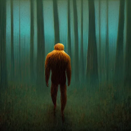 Image similar to bigfoot walking in forest, surreal photography, moon light, dark night, dramatic, impressionist painting, clouds, digital painting, artstation, simon stalenhag