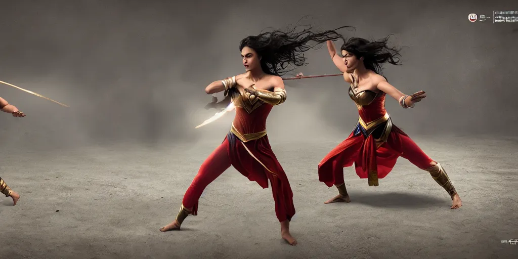 Image similar to wonder women performing kalaripayattu, cinematic, color graded, volumetric lighting, octane render, ultra realistic