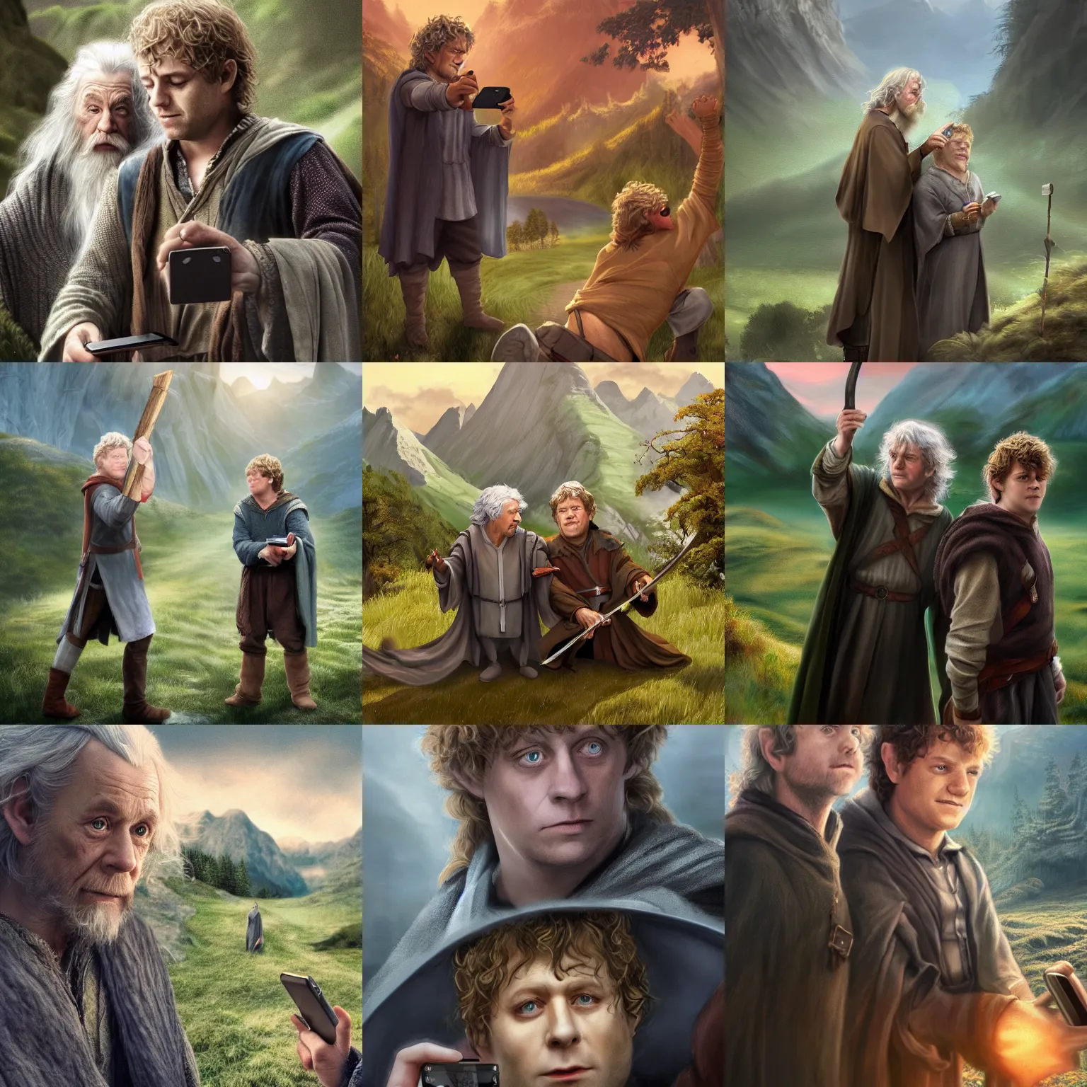 Prompt: merry and pippin are holding smartphones in their hands and taking selfies. gandalf the gray and samwise gamgee are standing behind them scowling, beautiful nature scenery, digital art, trending on artstation, 4 k, photorealistic