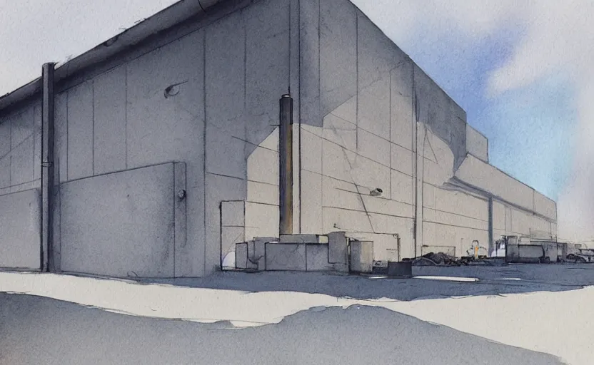 Image similar to concept art of a concrete factory exterior, pinterest, artstation trending, behance, watercolor, by coby whitmore, silver, laser light,