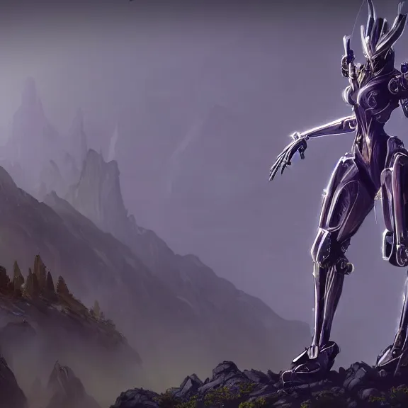 Image similar to extremely detailed cinematic low ground shot of a giant 1000 meter tall beautiful stunning female warframe goddess, that's an anthropomorphic hot robot mecha female dragon, silver sharp streamlined armor, detailed head, sharp claws, glowing Purple LED eyes, sitting cutely in the background on top of a mountain, a tiny forest with a village in the foreground, fog rolling in, dragon art, warframe fanart, Destiny fanart, micro art, macro art, giantess art, fantasy, goddess art, furry art, furaffinity, high quality 3D realistic, DeviantArt, Eka's Portal, HD, depth of field