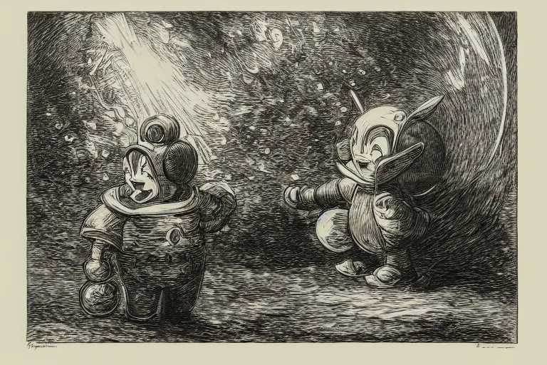 Image similar to Megaman as Pikachu, Gustave Dore lithography