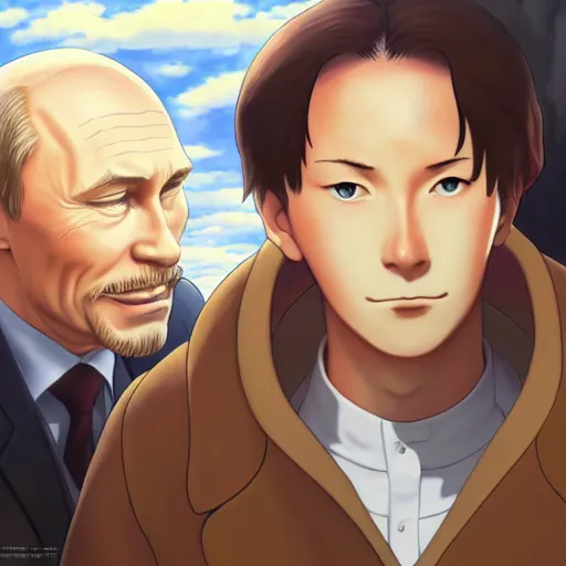 Image similar to portrait of putin gone wild, artstation, cartoon, elegant, highly detailed, digital painting, masterpiece art by ghibli!, makoto shinkai!, bluth!, fujita goro!, giraud!, ghailan!, akihiko yoshida!, fadeev! 8 k