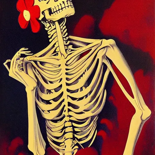 Image similar to portrait painting young woman skeleton, skull, hello kitty, comic book, elegant, highly detailed, painted by maxfield parrish and ditko