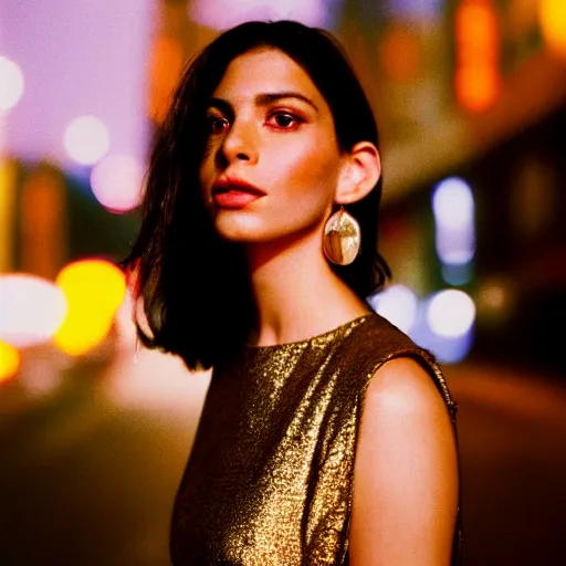 Prompt: A hyper realistic and detailed head portrait photography of a statuesque brunette wearing a gold shimmering dress on a futuristic street. by Annie Leibovitz. Neo noir style. Cinematic. neon lights glow in the background. Cinestill 800T film. Lens flare. Helios 44m