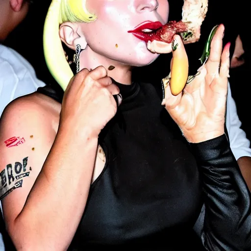 Prompt: lady gaga side view eating meat banana