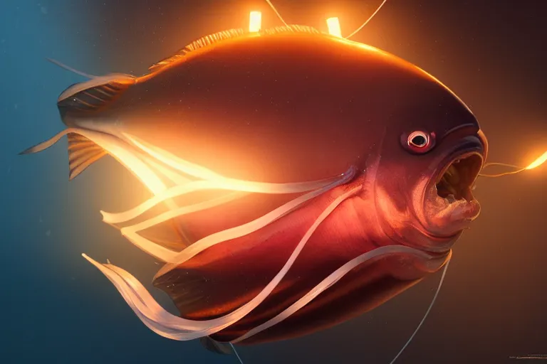 Image similar to Professional studio portrait of a deep sea fish with light dangling from head, hyperrealistic, concept art, illustration, 8k, cinematic, digital painting, very detailed, volumetric lighting, artstation, octane render