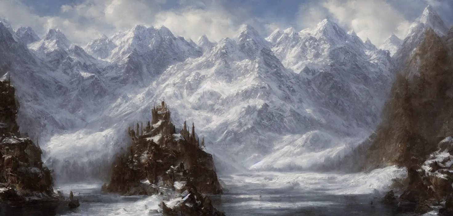 Image similar to detailed Photorealistic oil painting of an epic scene containing A snowy mountain that faces the open water and is blocked off by a large castle