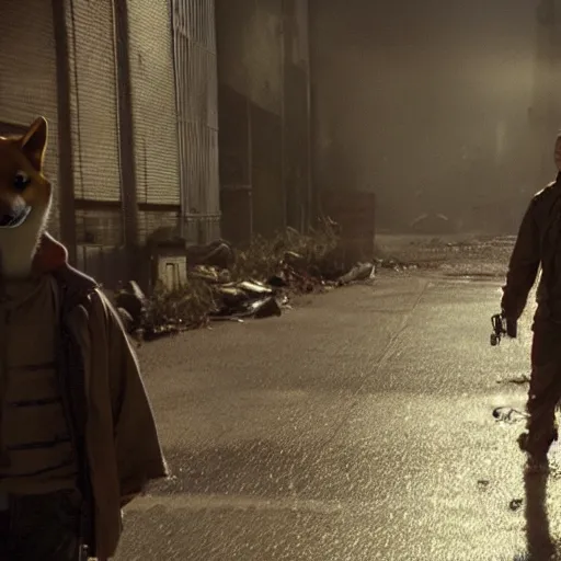 Image similar to A man in post-apocalyptic clothes wearing a latex mask of a Shiba Inu as Robert Neville in I Am Legend (2007), film grain, dof, chromatic aberration