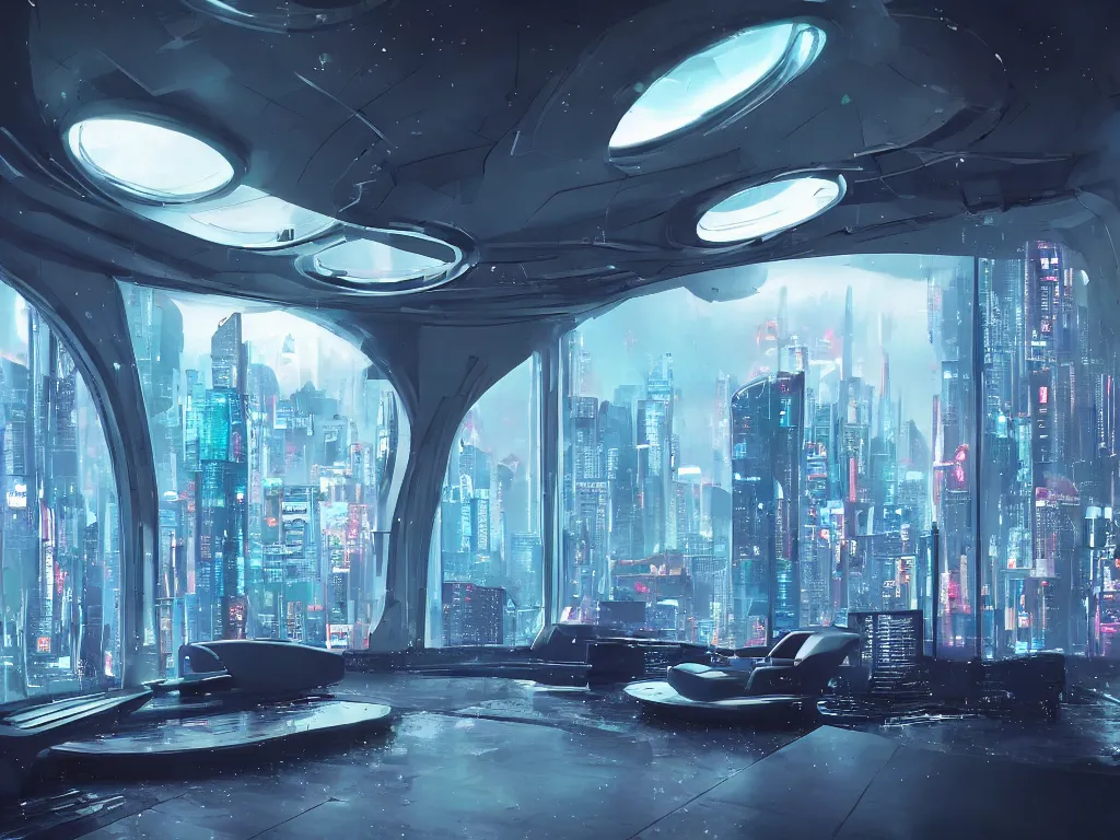 Image similar to a futuristic bedroom with large curved ceiling high windows looking out to a far future cyberpunk cityscape, cyberpunk neon lights, raining, scifi