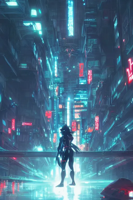 Image similar to ninja slayer, japan, neon lightning, night city, highly detailed, digital painting, trending on artstation, concept art, sharp focus, illustration, art by artgerm and greg rutkowski and magali villeneuve