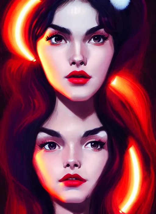 Image similar to portrait of veronica lodge with fluffy bangs, 1 9 6 0 s, long hair, red hairband, curly bangs, intricate, elegant, glowing lights, highly detailed, digital painting, artstation, concept art, smooth, sharp focus, illustration, art by wlop, mars ravelo and greg rutkowski