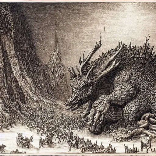 Prompt: godzilla sized deer demolish city, gustave dore, hiremious bosch, lovecraft, highly detailed, intricate, dramatic, realistic