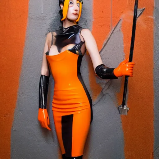 Image similar to CYBERPUNK big bust beautiful Claud Monet proportions girl in orange latex dress and orange latex gloves holding wonderful sword saber