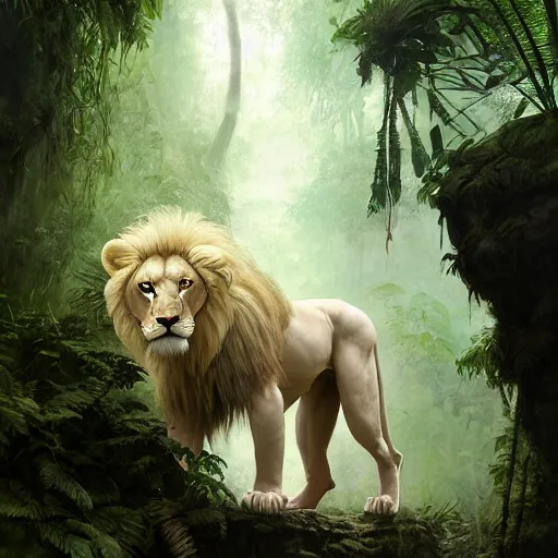 Prompt: commission portrait of a fit male anthro albino lion,dressed in jungle clothes,goung through a jungle.,dramatic,character design by charles bowater,greg rutkowski,ross tran,hyperdetailed,hyperrealistic,4k,deviantart,artstation,professional photography,concept art