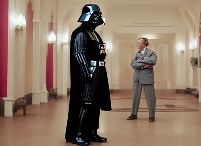 Prompt: a film still of cosplay of darth vader in the grand budapest hotel ( 2 0 1 4 )