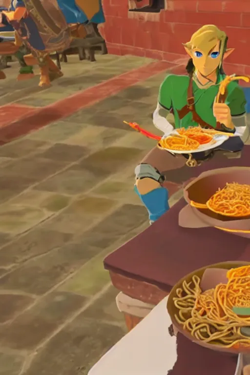 Image similar to in game footage of link from the legend of zelda breath of the wild eating spaghetti at a restaurant, breath of the wild art style.