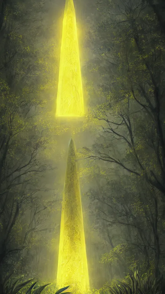 Image similar to a giant glowing yellow obelisk with inscriptions towering over a forest, ambient light, ultra detailed, fantasy artwork, 8k, very very very very very very very beautiful, trending on artstation, award winning, beautiful scenery.