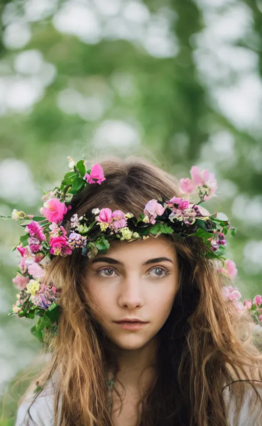 Prompt: portrait of a beautiful young girl with A LOT of flowers in her hair, beautiful composition, modern color palette, 50mm f1.8, ambient light,