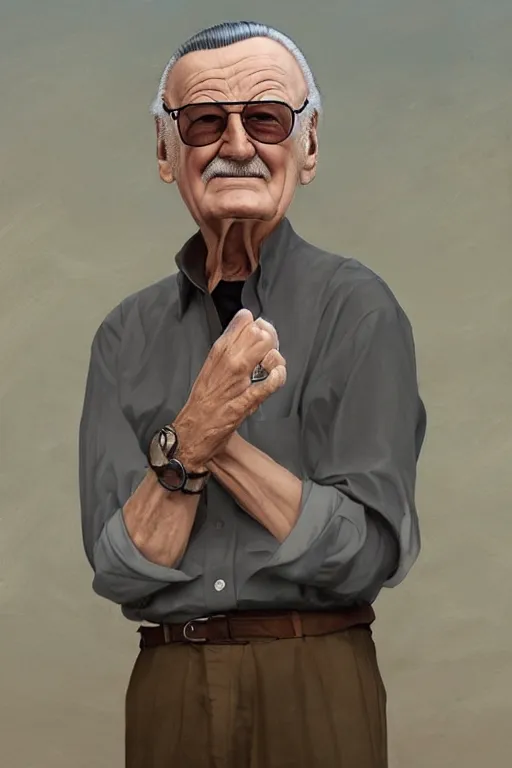 Image similar to full figure Stan Lee on a caravaggio cloudy background, intricate, elegant, highly detailed, artstation, concept art, smooth, sharp focus, illustration, , digital art from artstation, digital art from deviantart, by Stjepan Sejic, Ruan Jia, and Mandy Jurgens, and Artgerm, and william adolphe bouguereau