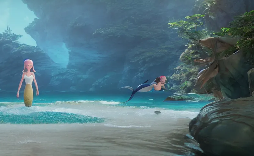 Image similar to a film still of How to train your mermaid, medium shot, waist up, studio Ghibli, Pixar and Disney animation, sharp, Rendered in Unreal Engine 5, anime key art by Greg Rutkowski, Bloom, dramatic lighting