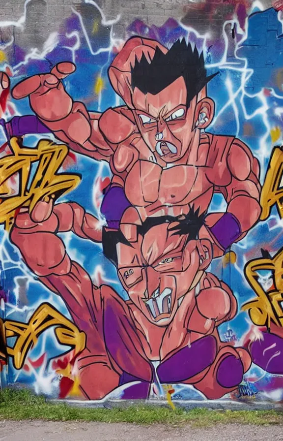 Image similar to a graffiti wall of super saiyajin freddy mercury