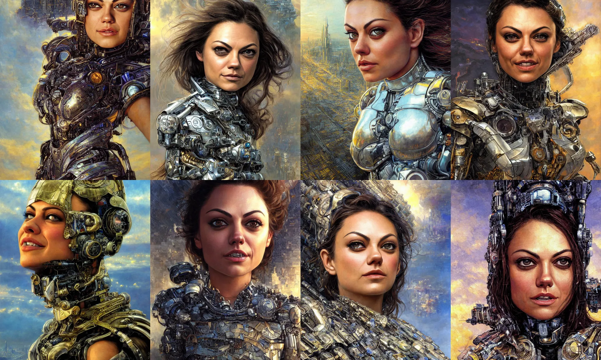 Image similar to close - up portrait of epic mila kunis smiling into camera, intricate cyborg armor, vista of futuristic city, windy, golden hour, wlop, by gerald brom, by mikhail vrubel, by peter elson, muted colors, extreme detail, trending on artstation