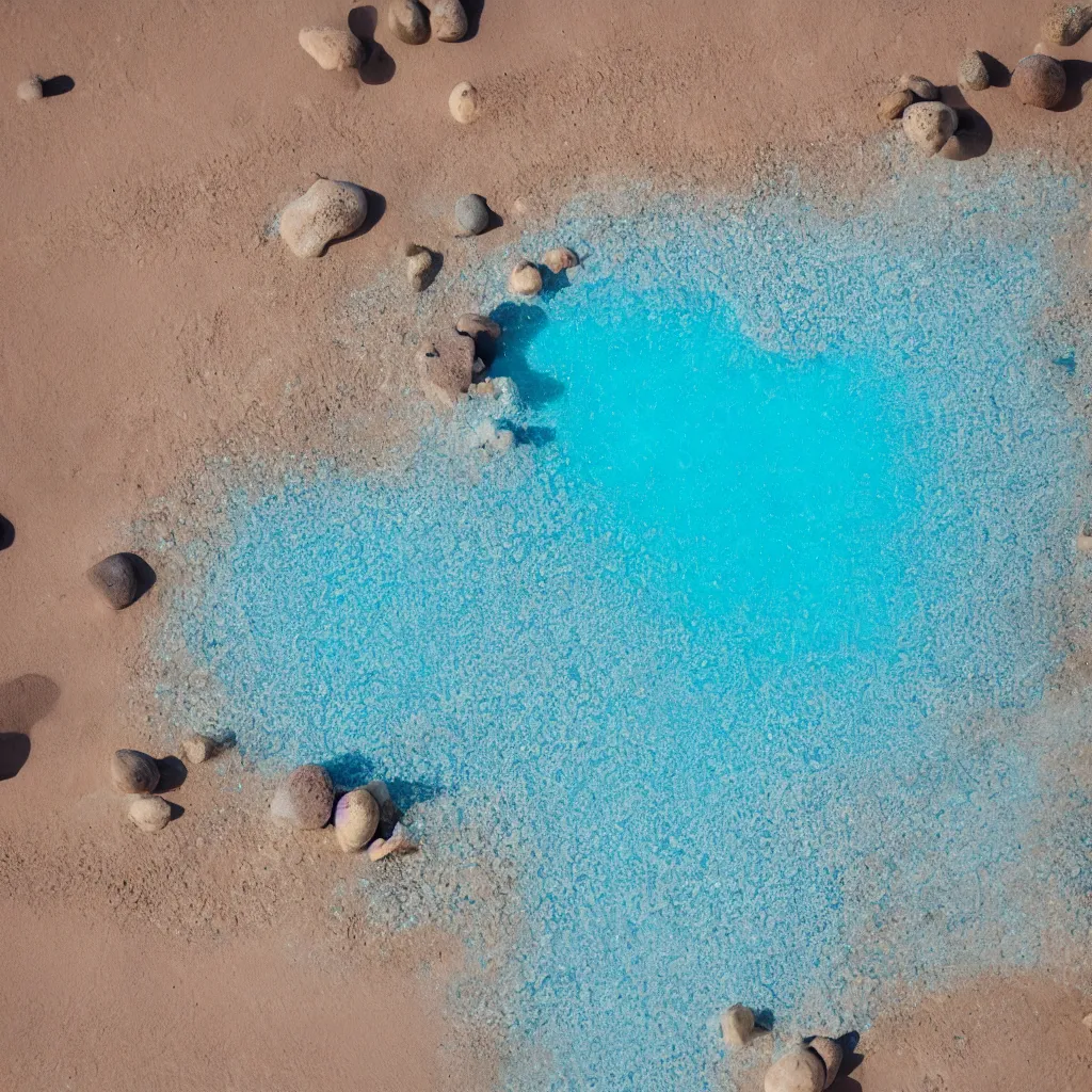 Prompt: obsidian boulders outdoor sculpture, orange sand desert with pools of milky blue water, bubbles, light leaks, birds eye view