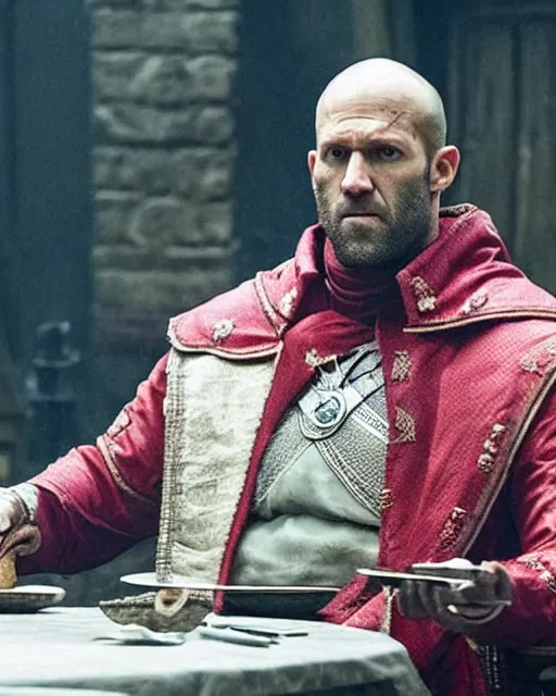 Prompt: bald jason statham cast as dijkstra in the witcher netflix series wearing soft red fabric aristocratic clothing, large outfit, royal attire, sitting at dining table,