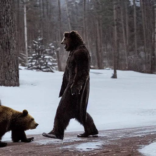 Image similar to leornado dicaprio shrugs and laughs at a bear in a scene from the revenant, beautiful cinematic photography